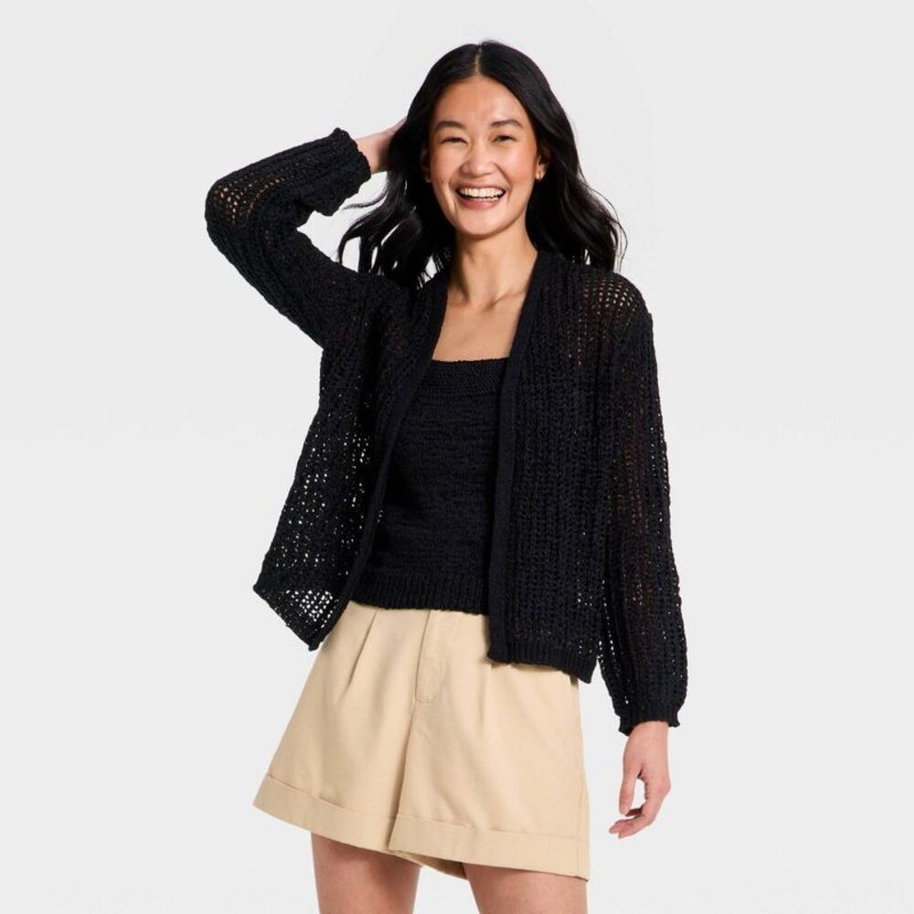 Women's Long Sleeve Tape Yarn Open Cardigan - A New Day Black XS